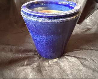 Cobalt Blue Ceramic Tapered Planter Pot with Ribbed Rim
