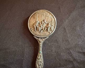 Antique Danish Silver Plated Hand Mirror with Village Scene