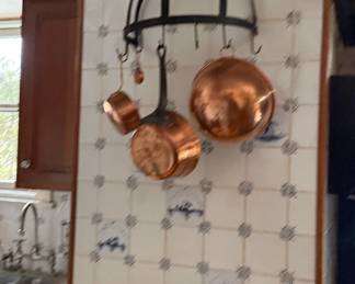 Set of Three Copper Pots with Black Wrought Iron Rack