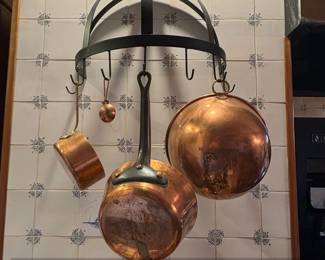 Vintage French Copper Cookware Set with Pot Rack
