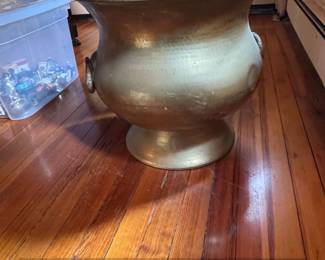 Large Hammered Brass Urn or Planter with Ring Handles