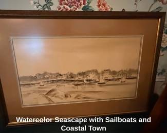 Watercolor Seascape with Sailboats and Coastal Town