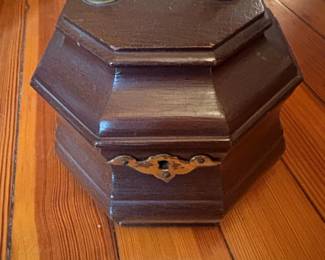 Vintage Hexagonal Mahogany Jewelry Box with Ornate Clasp and Handle