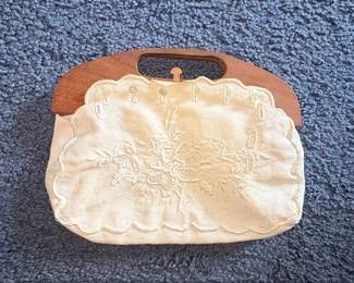 Vintage Embroidered Linen Handbag with Wooden Frame