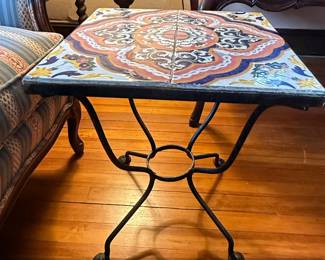 Vintage Talavera Tile Top Side Table with Wrought Iron Base second image