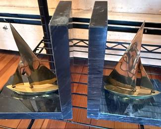 Vintage Brass Sailboat Bookends with Marble Base second image