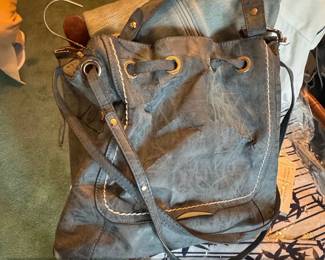 Stone  Co. Gray Distressed Faux Leather Bucket Bag with Drawstring Closure