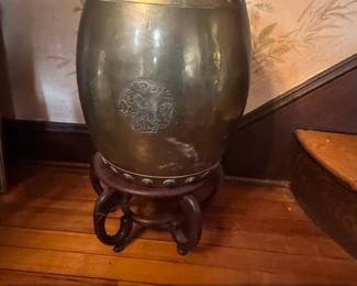 Antique Chinese Brass Rice Barrel Drum Table with Dragon Motif and Wooden Stand