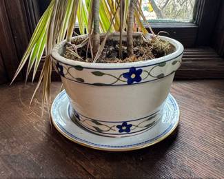 Vintage Ceramic Planter with Saucer and Blue Floral Motif