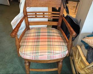 Antique Spindle Back Armchair with Plaid Upholstery