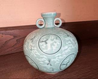 Signed Korean Celadon Crackle Glaze Vase with Twin Handles