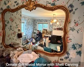 Ornate Gilt Wood Mirror with Shell Carving
