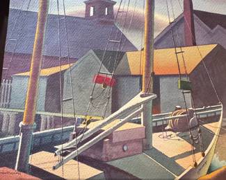 Watercolor Painting of a Sailboat in Harbor by Sandor Bernath