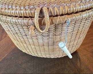 Vintage Nantucket Lightship Basket Purse with Carved Ship and Whale Detail second image