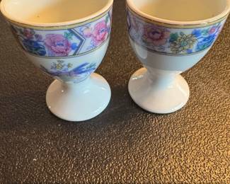 Vintage CzechSlovak Porcelain Egg Cups with Floral and Bird Motif