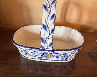 Vintage Hand Painted Ceramic Basket with Twisted Handle Made in Portugal