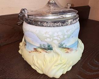 Victorian Biscuit Barrel with HandPainted Landscape and SilverPlated Mount