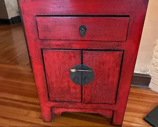 Red Lacquered Chinese Nightstand with Drawer and Cabinet second image