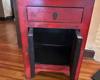 Red Lacquered Chinese Nightstand with Drawer and Cabinet fourth image