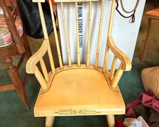 Yellow Painted Spindle Back Rocker with Fruit and Leaf Stenciling by Nichols  Stone
