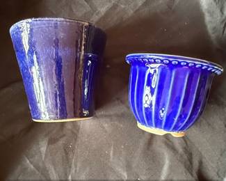 Cobalt Blue Ceramic Tapered Planter Pot with Ribbed Rim third image