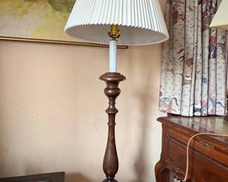 Vintage Turned Wood Candlestick Floor Lamp with Pleated Shade