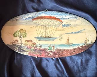 Vintage Oval Wall Plaques with Hot Air Balloon Scenes French Style Set of sixth image
