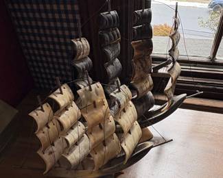Vintage Horn Carved Sailing Ship Model