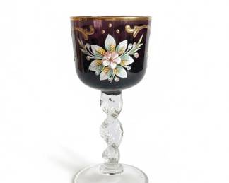 Vintage HandPainted Bohemian Crystal Liqueur Glass with Enamel Floral Design and Twisted Stem