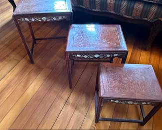 Set of Three Vintage Chinese Rosewood MotherofPearl Inlaid Nesting Tables