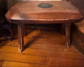 Primitive Wooden Milking Stool with Metal Medallion