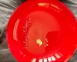 Red Art Glass Vase with Etched Floral Design Signed Kelsey or Pilgrim USA third image