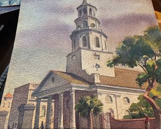 Sandor Bernath Watercolor of St. Michaels Church, Charleston, SC