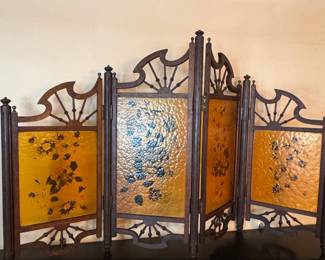 Victorian Style FourPanel Folding Screen with Amber Textured Glass and Fretwork
