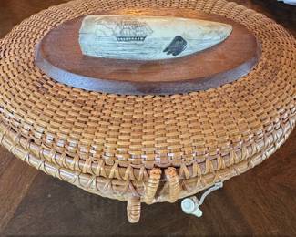 Vintage Nantucket Lightship Basket Purse with Carved Ship and Whale Detail