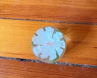 Glass Paperweight with White Flower