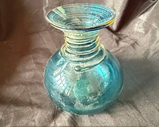 Blenko Blue Glass Vase with Applied Spiral