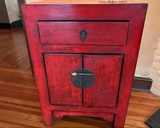 Red Lacquered Chinese Nightstand with Drawer and Cabinet