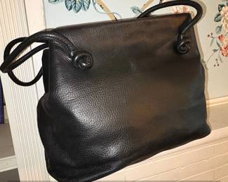 Black Leather Hobo Handbag with Knotted Straps