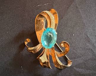 Vintage Sterling Vermeil Bow Brooch with Blue Stone and Rhinestones