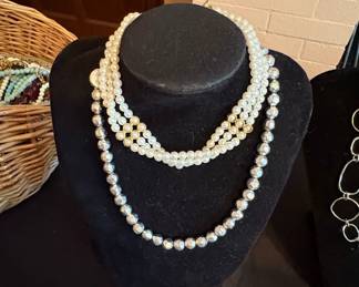Triple Strand Faux Pearl Necklace with SilverTone Faceted Beads
