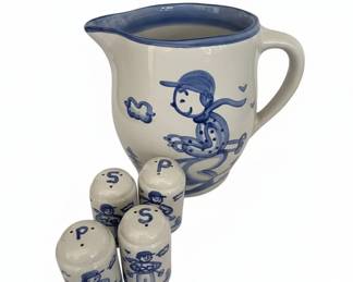 M.A. Hadley Pottery Blue and White Ceramic Pitcher and Salt and Pepper Shakers Set with Children Playing Motif