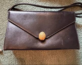Vintage Black Saffiano Leather Envelope Clutch with Gold Tone Clasp