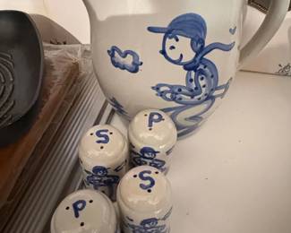 M.A. Hadley Pottery Blue and White Ceramic Pitcher and Salt and Pepper Shakers Set with Children Playing Motif second image