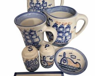 M.A. Hadley Pottery Nautical Ship Ceramic Pitcher, Mug, Salt and Pepper Shakers, and Small Dish Set