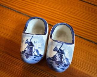 Delft Blue Ceramic Clog Planter with Windmill Scene