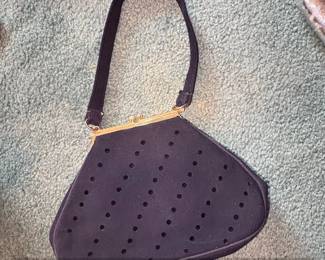 Vintage Black Suede Evening Clutch with Perforations