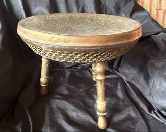 Vintage Indian Brass Foot Warmer Stool with Etched Top second image