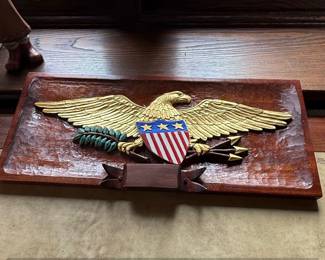 Carved Wooden Plaque with American Eagle Emblem and Banner