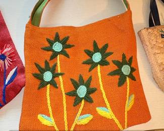 Orange Jute Tote Bag with Embroidered Green Flowers
